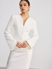 Button Front Flared Cuff Fitted Blazer