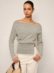 Slit Hem Off-Shoulder Striped Sweater