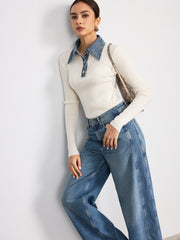 Denim Collar Wool Blend Knit Top