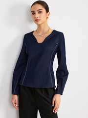 Notch Neck Contrast Stitched Blouse