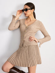 Cable-Knit V-Neck Cardigan and Pleated Skirt Set