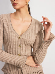 Cable-Knit V-Neck Cardigan and Pleated Skirt Set