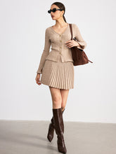 Cable-Knit V-Neck Cardigan and Pleated Skirt Set