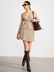 Cable-Knit V-Neck Cardigan and Pleated Skirt Set