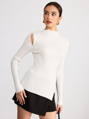 Asymmetric Slit Hem Ribbed Knit Top