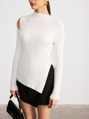 Asymmetric Slit Hem Ribbed Knit Top