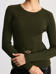 Cut-Out Back Metal Buckle Wool Blend Knit Top