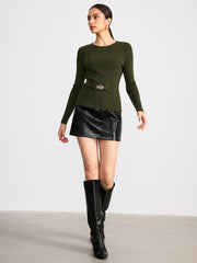 Cut-Out Back Metal Buckle Wool Blend Knit Top