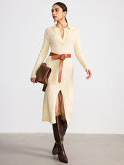 Collared Split-Hem Belted Knit Midi Dress