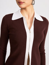 Contrast Collar Wool Blend Zip-Up Cardigan