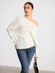 Off-Shoulder Pearl Embellished Wool Blend Sweater