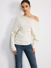 Off-Shoulder Pearl Embellished Wool Blend Sweater