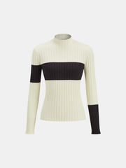 Color-Block Mock Neck Ribbed Knit Top