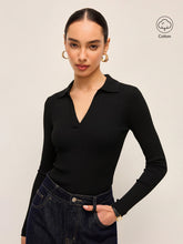 Polo V-Neck Ribbed Cotton Blend T-Shirt