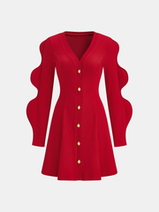 Scalloped Sleeve Button Ribbed Knit Mini Dress