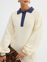 Contrast Collar Waffle-Knit Maxi Dress