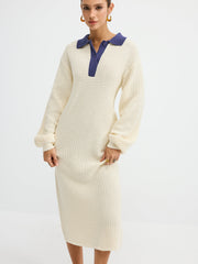 Contrast Collar Waffle-Knit Maxi Dress