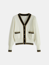 Contrast-Trim Metal Button Cardigan