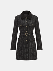 Faux Fur Collar Tweed Belted Mini Dress