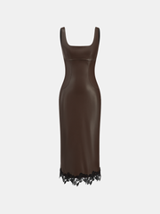 Lace Trim PU Leather Sleeveless Maxi Dress