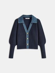 Leg-Of-Mutton Sleeve Denim Panel Knit Cardigan