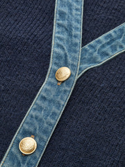 Leg-Of-Mutton Sleeve Denim Panel Knit Cardigan