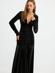Velvet Ruched Plunge Maxi Dress