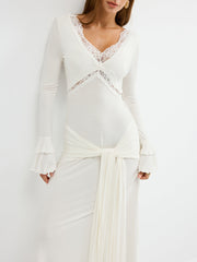 Lace Trim Tie-Waist Tiered Flared-Cuff Maxi Dress