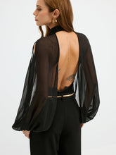 Sheer Chiffon Mock Neck Backless Blouse