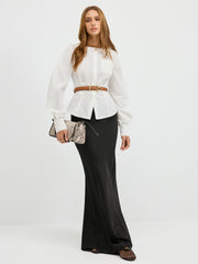 Boat Neck Curved Sleeve Belted Shirt