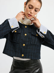 Tweed Cuffed-Sleeve Cropped Wool Blend Jacket