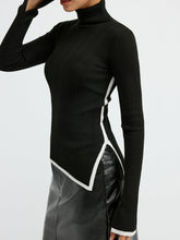 Turtleneck Contrast Trim Slit Wool Blend Knit Top
