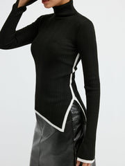Turtleneck Contrast Trim Slit Wool Blend Knit Top