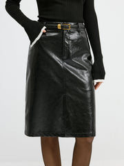 PU Leather Pocket Slit Midi Skirt without Belt
