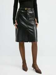 PU Leather Pocket Slit Midi Skirt without Belt