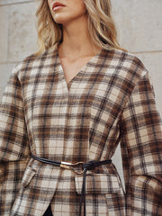 Belted Plaid Tweed Coat