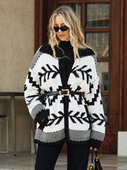 Geometric Pattern Collared Knit Cardigan without Belt