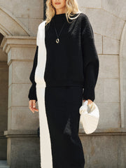 Color-Block Knit Sweater and Midi Skirt Set