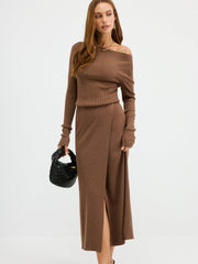 Off-Shoulder Ribbed Wool Blend Maxi Dress