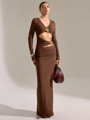 Metal Detail Long Sleeve Cut-Out Maxi Dress