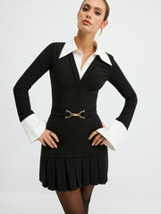 Contrast Shirt Paneled Belted Pleated Mini Dress