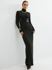 Turtleneck Faux Leather Paneled Maxi Dress