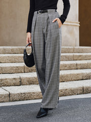 Pleated Plaid Belted Wide-Leg Pants