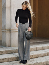 Pleated Plaid Belted Wide-Leg Pants