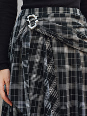 Plaid Asymmetric High-Slit Midi Skirt