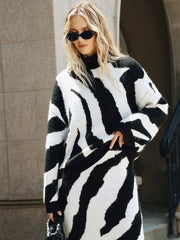 Zebra Print Turtleneck Wool Blend Sweater
