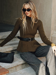 Belted Peplum Turtleneck Knit Top