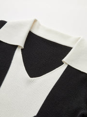 Ruffled Cuff Color-Block Collared Knit Top