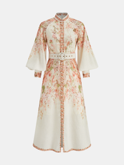 Leg-Of-Mutton Sleeve Floral Print Belted Maxi Dress