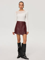 PU Leather Asymmetric Skirt with Double-Belt Detail